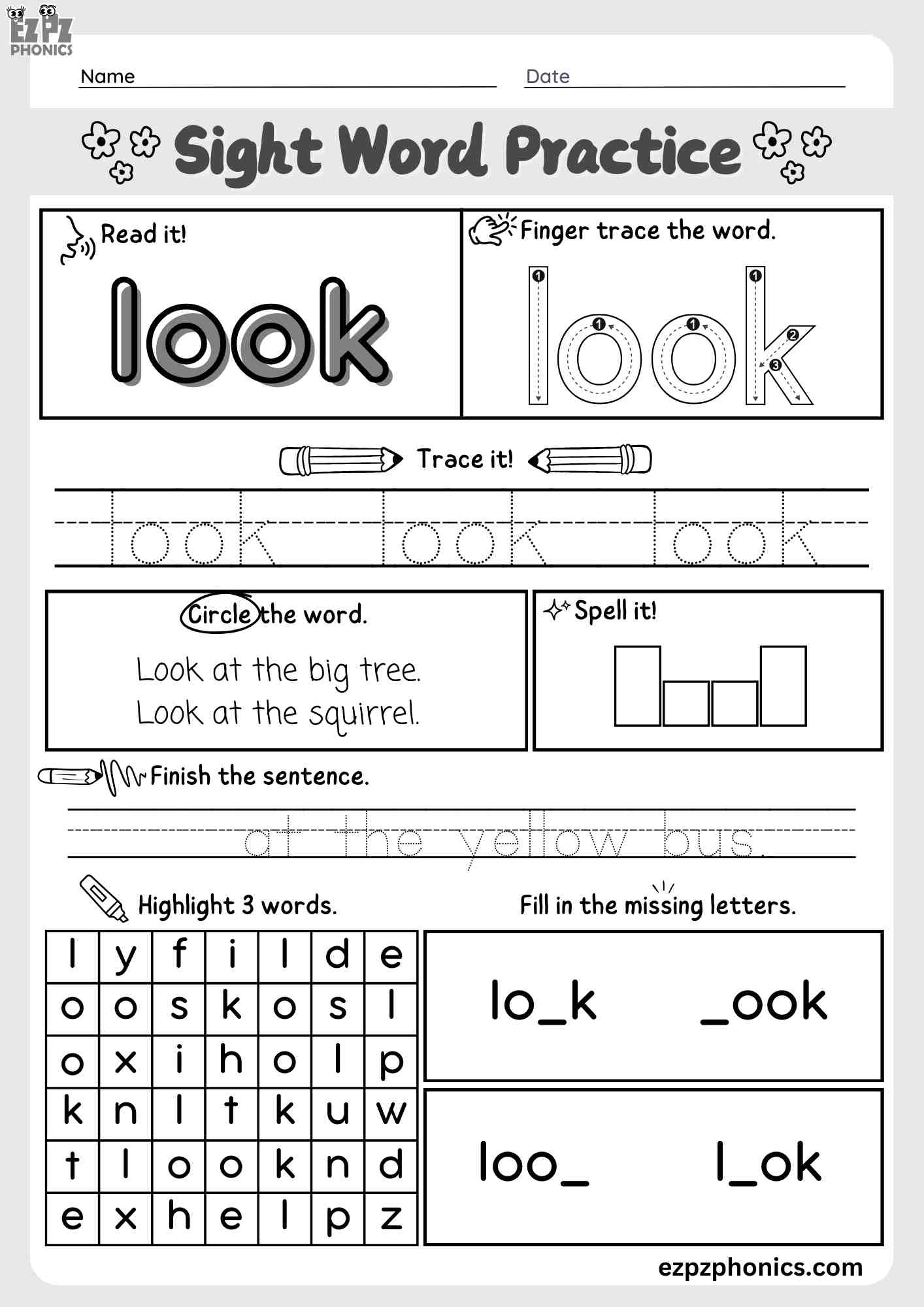 "Look" Dolch Sight Word Worksheet – Fun Activity for Early Readers Free PDF Download